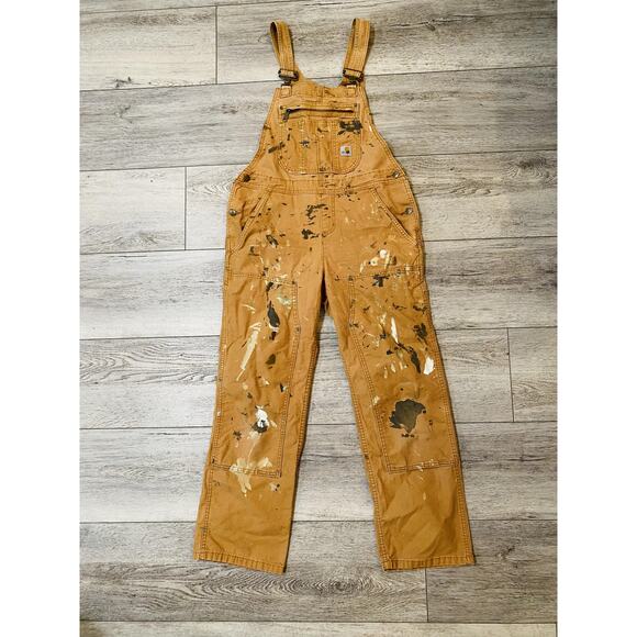 Carhartt Overalls Womens Small Short 36x28 Brown Canvas Bib grunge Double knee - Picture 1 of 7